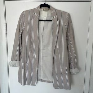 Tan linen blazer with gray and white strips.